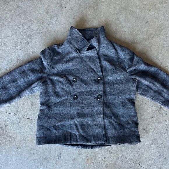 73% Wool Vintage Grey & Black Stripped Gap Pea Coat/Blazer - Picture 4 of 10